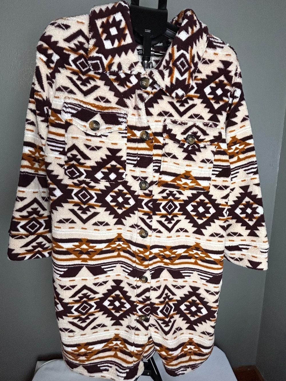 Aztec Teddy Shacket in Cream, Brown & Mustard